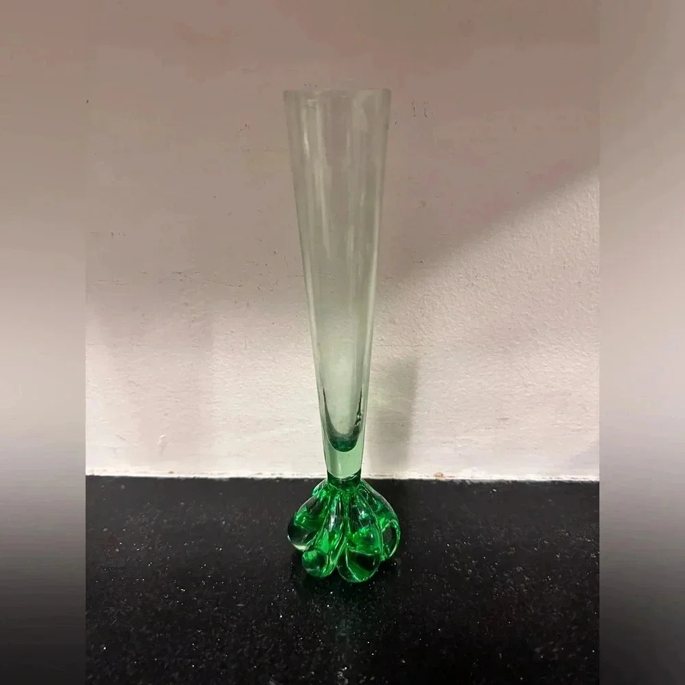 Fluted Green Bud Vase with Swirled Blown Glass Base